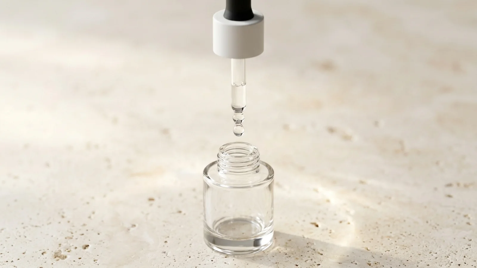 Unlabeled clear glass serum bottle on a stone surface with a vertical glass ball-tip dropper pipette holding a suspended liquid drop above the open threaded neck