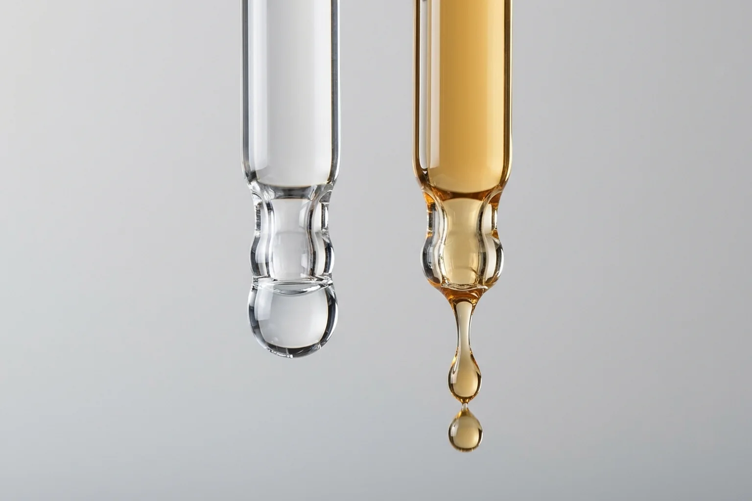 Macro side-by-side view of two vertical clear glass dropper pipette tips, with a round water droplet held at the left rim and a smaller oil droplet pinching off on the right