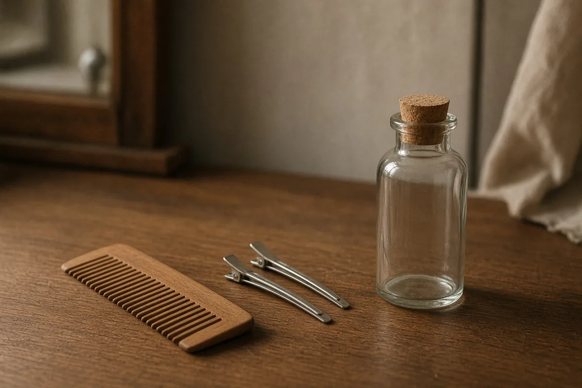 A wooden comb, two plain hair clips and an unlabeled corked bottle on a table