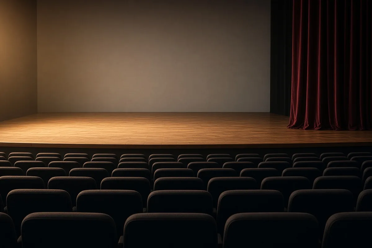 An empty theatre with a bare wooden stage, a plain curtain, and rows of empty seats