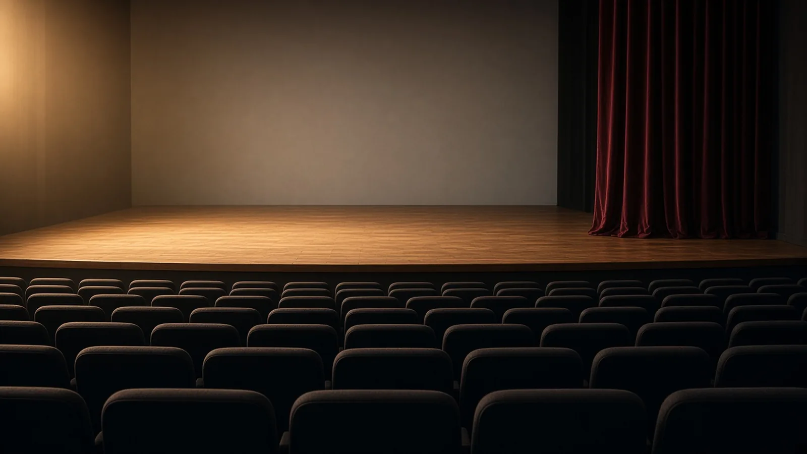 An empty theatre with a bare wooden stage, a plain curtain, and rows of empty seats