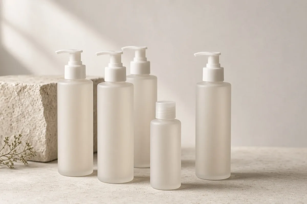 Unlabeled frosted pump bottles and a small plain bottle on a stone surface